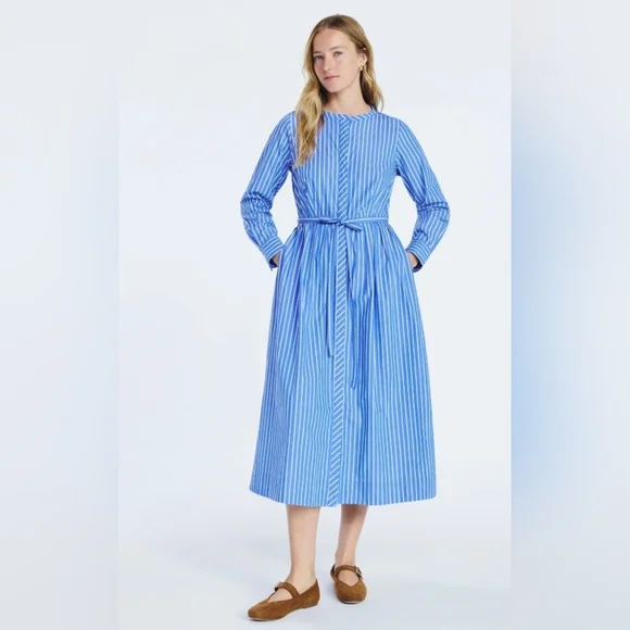 100% Cotton Long Sleeve Blue Striped Belted Shirt Dress - Picture 2 of 2